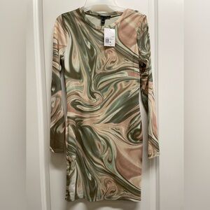 Forever 21 Swirl Long Sleeve Dress - Green and Cream